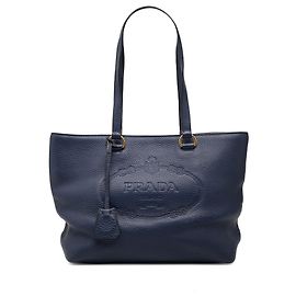 Prada Blue Vitello Daino Canapa Logo Tote Blue Navy blue