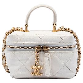 Chanel Estojo Vanity Mini em Caviar Branco com Zíper e Corrente Branco Cru