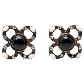 Chanel Silver Brass Cabochon Enamel Strass Clip On Earrings Silvery