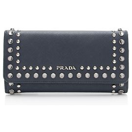 Portafoglio Continental Prada Saffiano con Borchie e Cristalli Blu