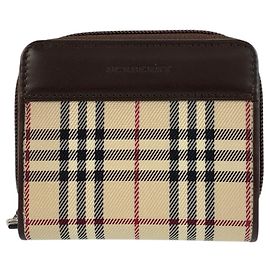 Burberry Checkered Canvas Leather Compact Wallet Brown Beige