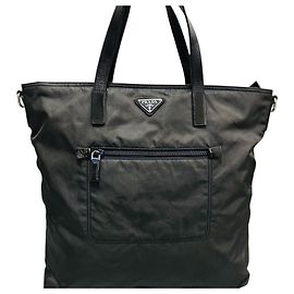 Prada Sac Cabas Nylon Tessuto et Cuir Noir Noir