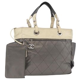 CHANEL Paris Biarritz MM Tote Bag beschichtet Canvas Silber CC Authentisch 182784 Silber
