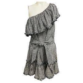 Zimmermann Black / White Gingham Check One Shoulder Linen Dress with Belt Black