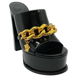 Versace Black Patent Leather Medusa Chain Platform Mules Black