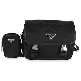 Prada Black Re-Nylon Saffiano Double Buckle Messenger Bag Black