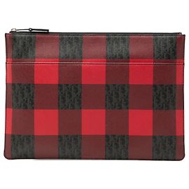Dior Red Homme Plaid Printed Diorissimo Coated Canvas Zip Clutch Red