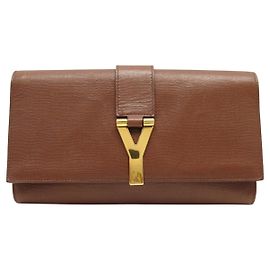 YVES SAINT LAURENT CHYC 265701 GRAIN LEATHER BROWN HANDBAG POUCH BAG Brown