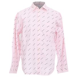 Balenciaga Logo Striped Button Front Oversized Shirt in Pink Cotton Brown Pink