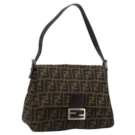 FENDI Zucca Canvas Mamma Baguette Shoulder Bag Black Brown Auth 182028SAM Marron Noir
