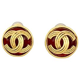 Boucles d'oreilles Chanel CC Logo Gripoix Rouge Rouge Doré