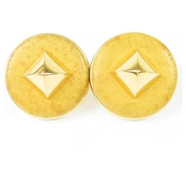 Hermès Gold Tone Leather Diamond Motif Clip-On Earrings Golden