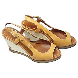 Chanel Tan Leather Open Toe Wedge Sandals Brown