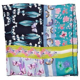 Lenço de seda Furla estampa de borboletas e flores Rosa Branco Azul Verde Roxo Azul claro