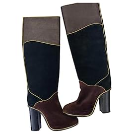 Lanvin Patchwork Suede and Leather High Boots Black Dark red