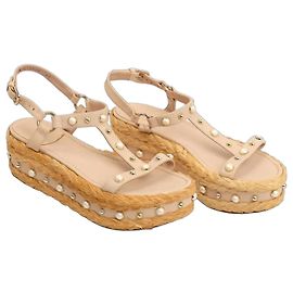 Stuart Weitzman Beige Leder-Keilsandaletten mit Perlen Beige