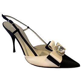 Casadei Two-tone Satin Slingback Pumps with Jewel Bow Black White