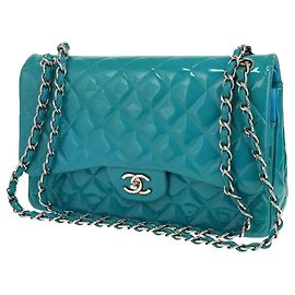 Chanel Sac Classic Flap Jumbo en Cuir Verni Bleu Sarcelle Turquoise