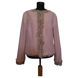 Escada Pink Tweed Jacket with Floral Trim Pink