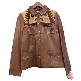 Armand Ventilo Brown Leather Fringe Jacket with Geometric Pattern Brown Multiple colors