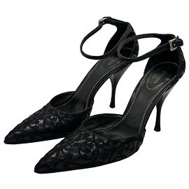 Prada Décolleté Jacquard Floreale e Pelle Nera Nero