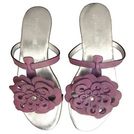 Hogan Lilac Leather Flower Flat Sandals Silvery Purple