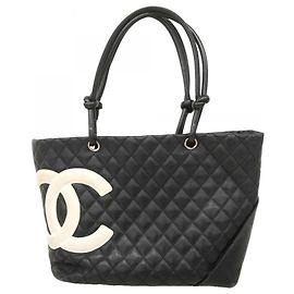 Bolsa Tote Chanel Cambon em pele de cordeiro Preto Branco