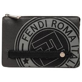 Fendi Black Grained Leather Roma Selleria Zip Clutch Black