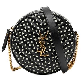 Bolsa Camera Round em couro de vitelo preto com chevron e poá Saint Laurent Preto