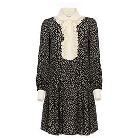 Céline Silk Floral Ruffle Collar Mini Dress Black White