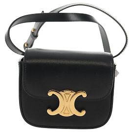 Céline Celine Vintage Triomphe Shoulder Bag Leather Medium Black