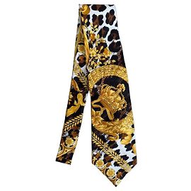Corbata de seda Versace Barocco Leopardo Castaño Negro Blanco Dorado Estampado de leopardo