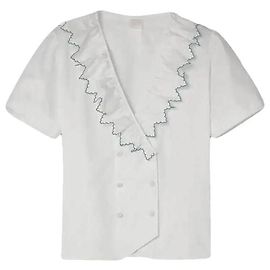 Autre Marque Loretta Caponi Ruffled V-Neck Cotton Blouse - White White