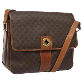 Céline Bolsa de Ombro Celine Vintage Macadam Logo Círculo em Lona e Couro Marrom