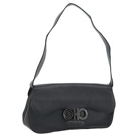 Salvatore Ferragamo Gancini Shoulder Bag Leather Black Silver Auth 182102A Black Silvery