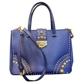 Prada Handtasche aus blauem Leder mit goldfarbenen Perlen Andere