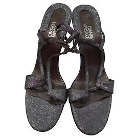 Gianni Versace Silver Glitter Strappy Sandals Silvery