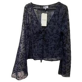 Autre Marque Musier Paris Navy Floral Burnout Sheer Lace Top Dark blue
