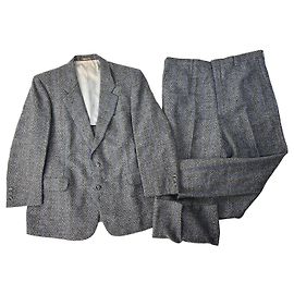 Vintage Givenchy Wool Suit Gray Blue Stripe M Grey
