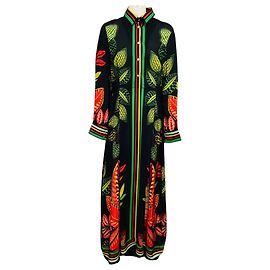 Elie Saab Black / Yellow / Red / Green Multi Leaf Print Silk Maxi Dress Black