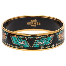 Hermès Black Wide Printed Enamel Bangle 65 Other Turquoise