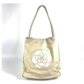 CHANEL Camellia Logo Tote Bag/Shoulder Bag White Beige