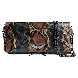 Zadig & Voltaire Rockstud Python Print Leather Clutch Bag Brown Python print