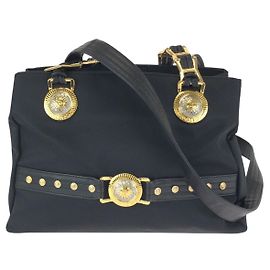 Versace Nylon Leather Shoulder Tote Bag Black