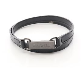 Chanel Black Leather and Metal Logo Plate Belt Black