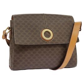 Céline Bolsa de Ombro Celine Vintage Macadam Circle Logo em Lona e Couro Marrom