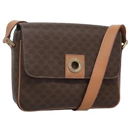 Céline Borsa a Spalla Celine Vintage Macadam Circle Logo in Tela e Pelle Marrone
