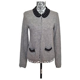 Maje Angorawolle Cardigan Weste Grau Peter Pan Kragen T38 Schwarz Grau
