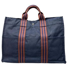 Hermès Tote Vintage Hermes em lona com acabamento em couro Navy Rust Azul marinho