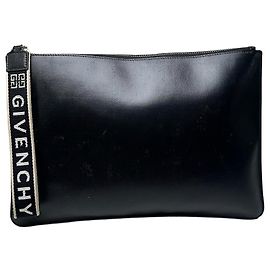 Vintage Givenchy Logo Leather Clutch Black Silver Black